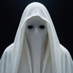 A ghostly figure shrouded in a floating white cloak, with a pale, eerie face partially hidden by the hood. Its facial features are vaguely discernible and its piercing, mysterious eyes glow in the dark.