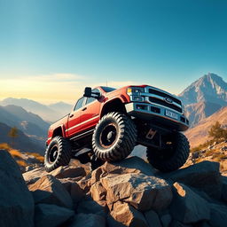 A detailed image of a lifted truck with oversized tires and rugged off-road features