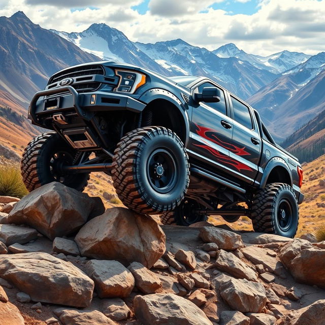 A detailed image of a lifted truck with oversized tires and rugged off-road features