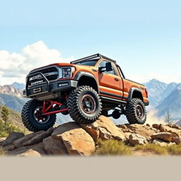 A detailed image of a lifted truck with oversized tires and rugged off-road features