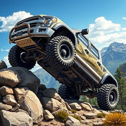 A detailed image of a lifted truck with oversized tires and rugged off-road features