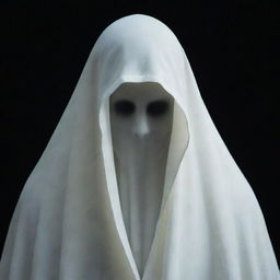 A ghostly figure shrouded in a floating white cloak, with a pale, eerie face partially hidden by the hood. Its facial features are vaguely discernible and its piercing, mysterious eyes glow in the dark.