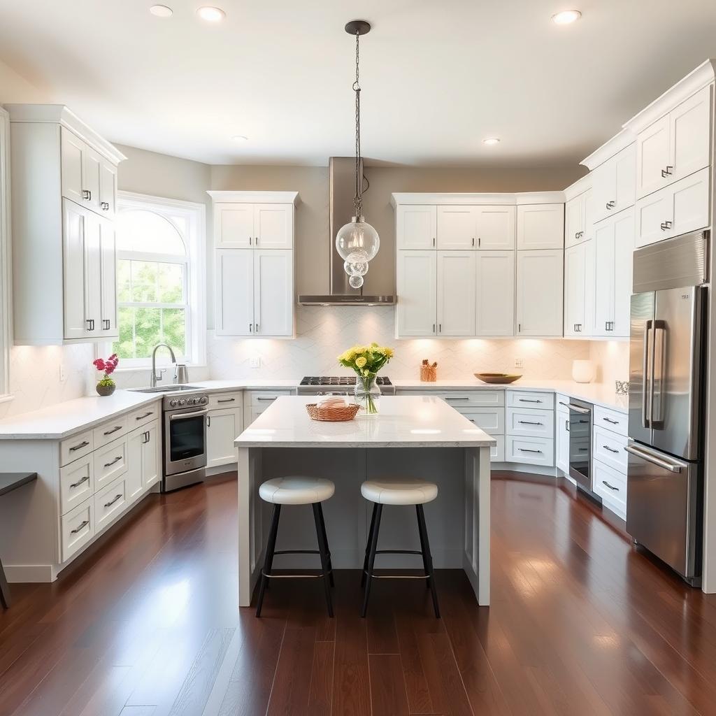 A modern kitchen with sleek white cabinets, a large island with bar stools, stainless steel appliances, and a beautiful backsplash