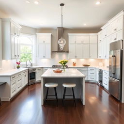 A modern kitchen with sleek white cabinets, a large island with bar stools, stainless steel appliances, and a beautiful backsplash