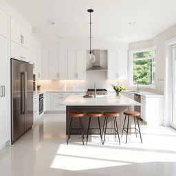 A modern kitchen with sleek white cabinets, a large island with bar stools, stainless steel appliances, and a beautiful backsplash