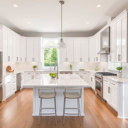 A modern kitchen with sleek white cabinets, a large island with bar stools, stainless steel appliances, and a beautiful backsplash