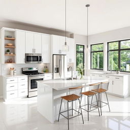 A modern kitchen with sleek white cabinets, a large island with bar stools, stainless steel appliances, and a beautiful backsplash