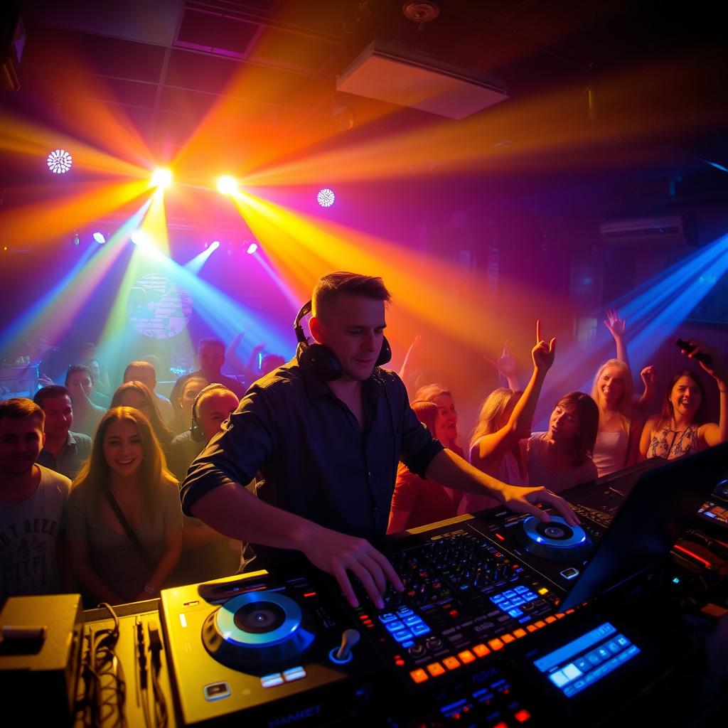 A cool and energetic DJ performing at a vibrant nightclub