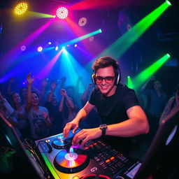 A cool and energetic DJ performing at a vibrant nightclub