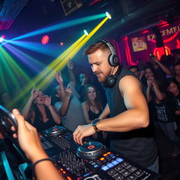 A cool and energetic DJ performing at a vibrant nightclub