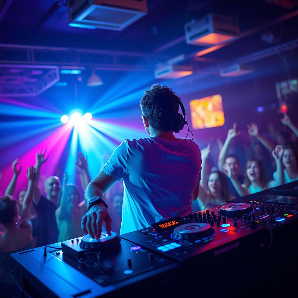 A cool and energetic DJ performing at a vibrant nightclub