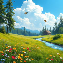 A serene landscape featuring a peaceful meadow with colorful flowers, a gentle stream flowing through, and a clear blue sky with fluffy white clouds