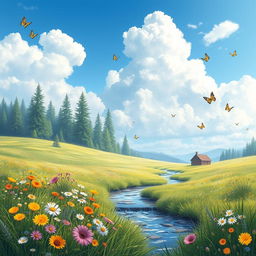 A serene landscape featuring a peaceful meadow with colorful flowers, a gentle stream flowing through, and a clear blue sky with fluffy white clouds