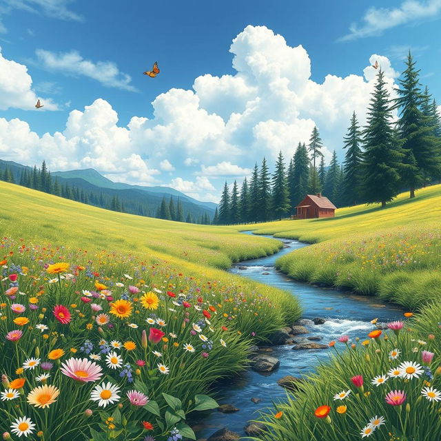 A serene landscape featuring a peaceful meadow with colorful flowers, a gentle stream flowing through, and a clear blue sky with fluffy white clouds