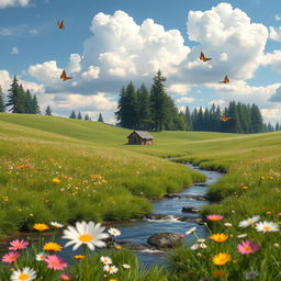 A serene landscape featuring a peaceful meadow with colorful flowers, a gentle stream flowing through, and a clear blue sky with fluffy white clouds