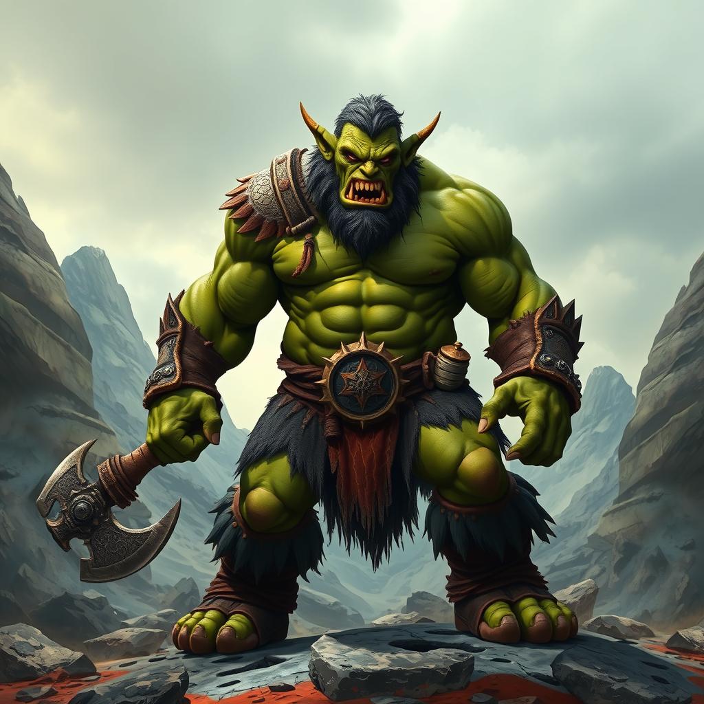 A fierce and powerful orc warrior standing in a rugged, mountainous landscape