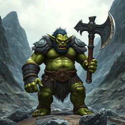 A fierce and powerful orc warrior standing in a rugged, mountainous landscape