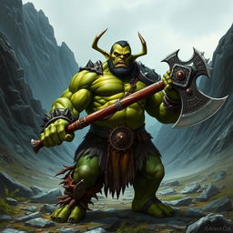 A fierce and powerful orc warrior standing in a rugged, mountainous landscape