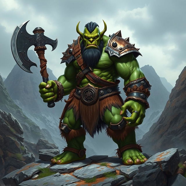 A fierce and powerful orc warrior standing in a rugged, mountainous landscape