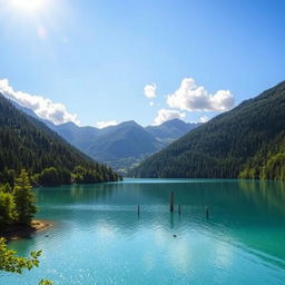 A beautiful landscape featuring a serene lake surrounded by lush green forests and mountains in the background