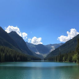 A beautiful landscape featuring a serene lake surrounded by lush green forests and mountains in the background