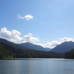 A beautiful landscape featuring a serene lake surrounded by lush green forests and mountains in the background