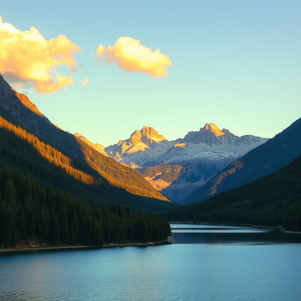 A beautiful landscape featuring a serene lake surrounded by lush green forests and majestic mountains in the background