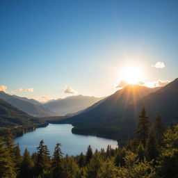 A beautiful landscape featuring a serene lake surrounded by lush green forests and majestic mountains in the background