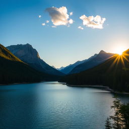 A beautiful landscape featuring a serene lake surrounded by lush green forests and majestic mountains in the background