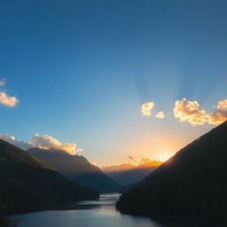 A beautiful landscape featuring a serene lake surrounded by lush green forests and majestic mountains in the background