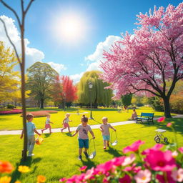 Create a vibrant and cheerful image featuring a sunny day in a beautiful park with children playing, trees, and flowers in full bloom