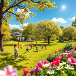 Create a vibrant and cheerful image featuring a sunny day in a beautiful park with children playing, trees, and flowers in full bloom