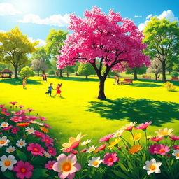 Create a vibrant and cheerful image featuring a sunny day in a beautiful park with children playing, trees, and flowers in full bloom