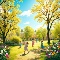 Create a vibrant and cheerful image featuring a sunny day in a beautiful park with children playing, trees, and flowers in full bloom