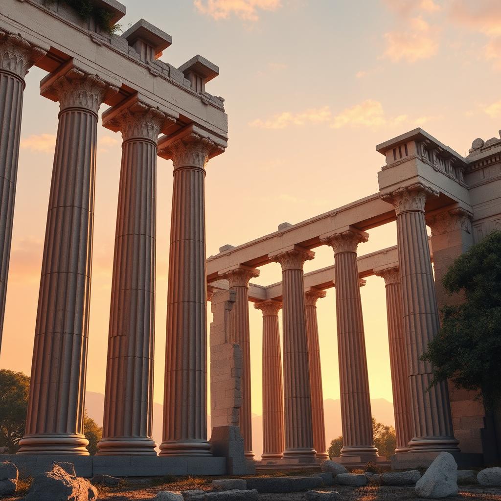 Generate a realistic and classical style image of a series of monumental Greek pillars rising towards the sky, each representing a fundamental value of consistent success: discipline, smart work, and patience