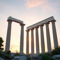 Generate a realistic and classical style image of a series of monumental Greek pillars rising towards the sky, each representing a fundamental value of consistent success: discipline, smart work, and patience