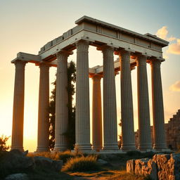 Generate a realistic and classical style image of a series of monumental Greek pillars rising towards the sky, each representing a fundamental value of consistent success: discipline, smart work, and patience