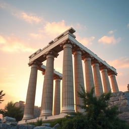 Generate a realistic and classical style image of a series of monumental Greek pillars rising towards the sky, each representing a fundamental value of consistent success: discipline, smart work, and patience