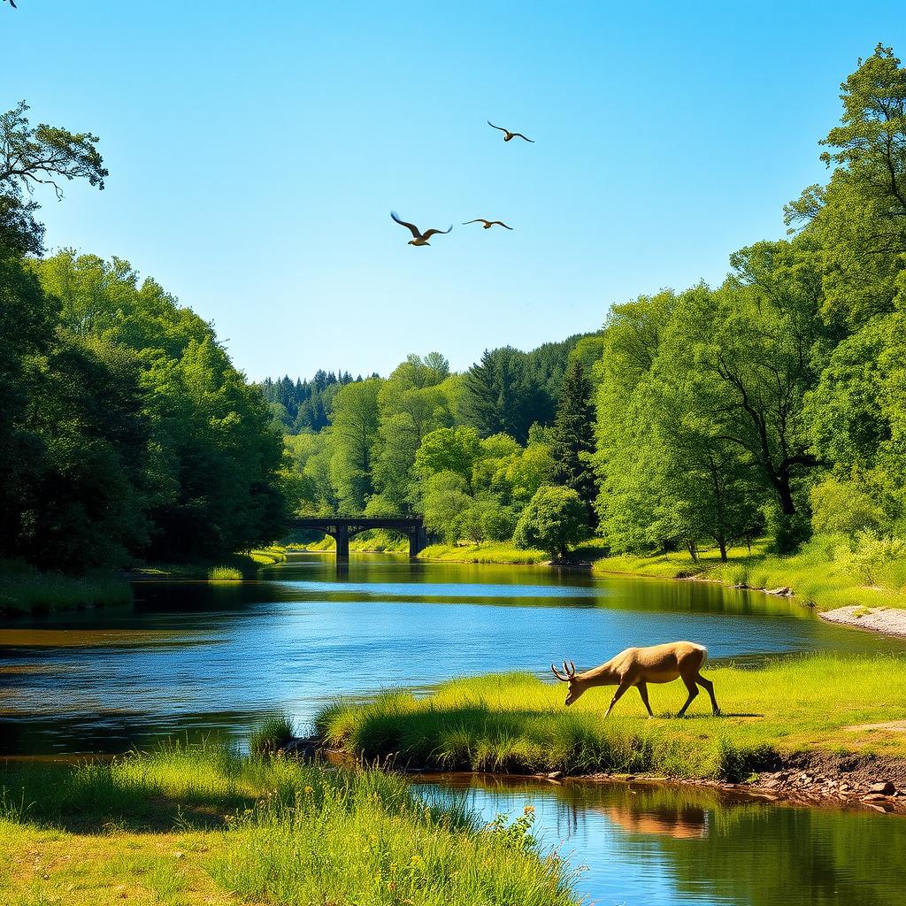 A serene landscape featuring a calm river flowing through a lush green forest