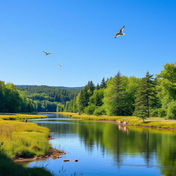 A serene landscape featuring a calm river flowing through a lush green forest