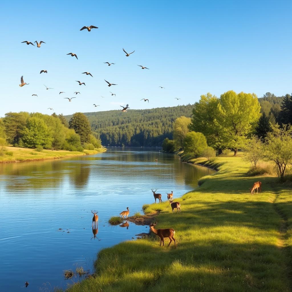 A serene landscape featuring a calm river flowing through a lush green forest