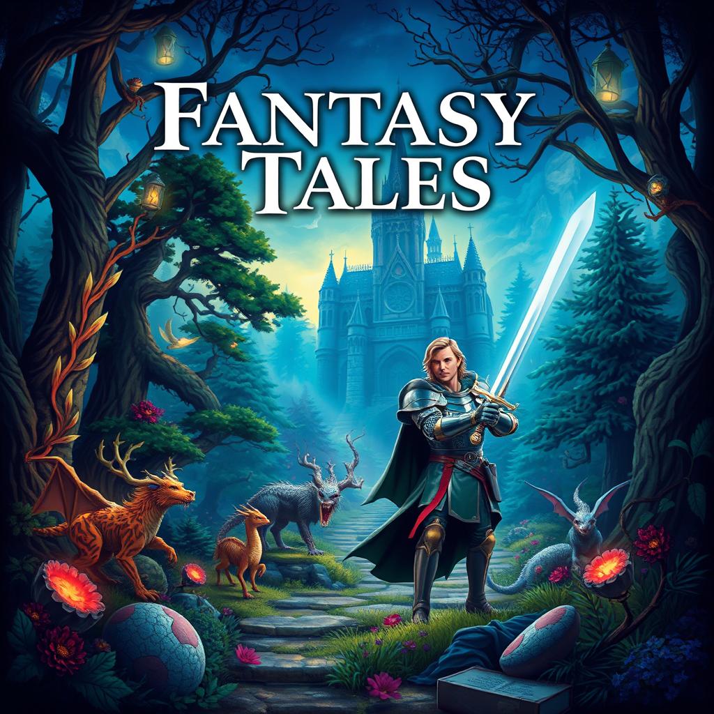 A captivating book cover for a series of fantasy tales, featuring an enchanted forest with mythical creatures, a majestic castle in the background, and a hero in medieval armor holding a glowing sword