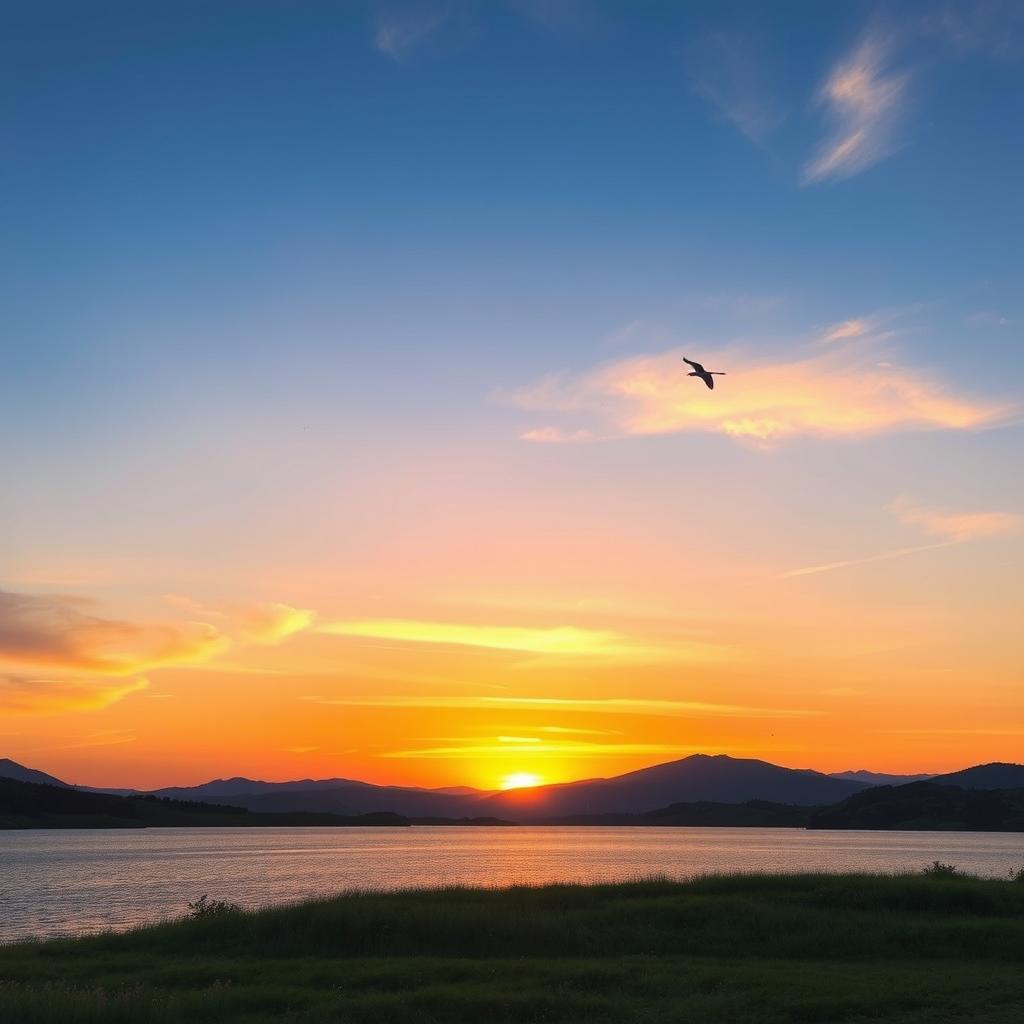 A serene landscape featuring a beautiful sunset over a calm lake, with mountains in the background and a few birds flying in the sky