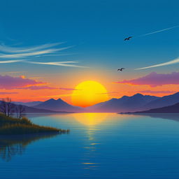 A serene landscape featuring a beautiful sunset over a calm lake, with mountains in the background and a few birds flying in the sky