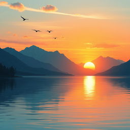 A serene landscape featuring a beautiful sunset over a calm lake, with mountains in the background and a few birds flying in the sky