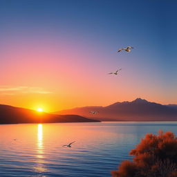 A serene landscape featuring a beautiful sunset over a calm lake, with mountains in the background and a few birds flying in the sky