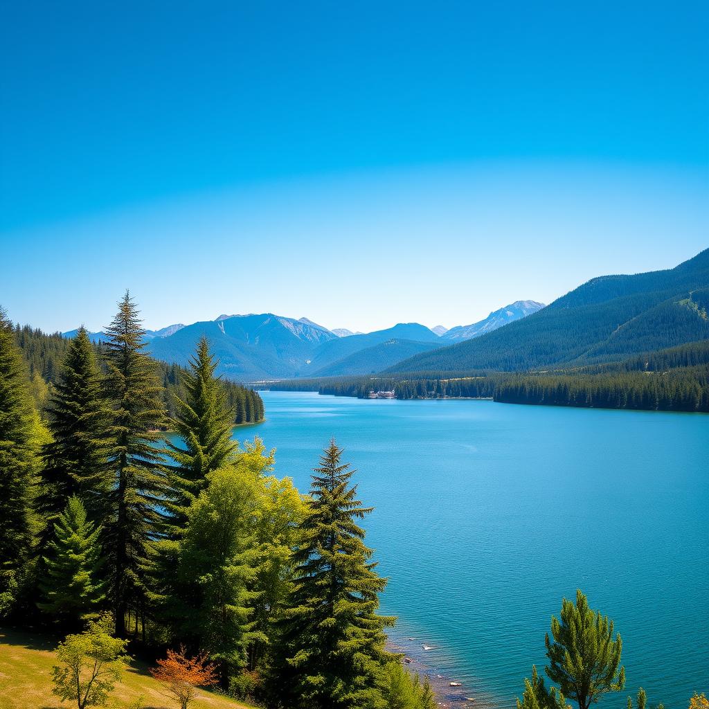 A beautiful landscape featuring a serene lake surrounded by lush green trees and mountains in the background under a clear blue sky