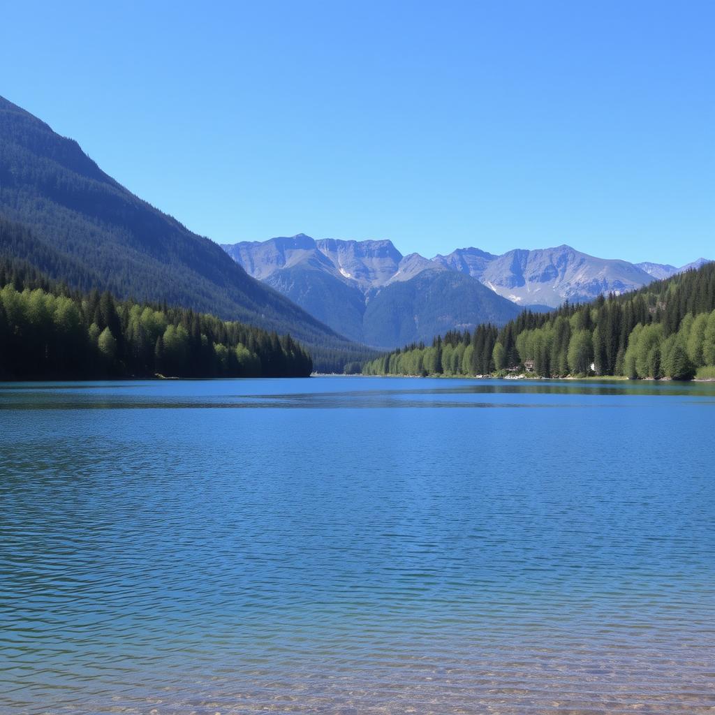 A beautiful landscape featuring a serene lake surrounded by lush green trees and mountains in the background under a clear blue sky