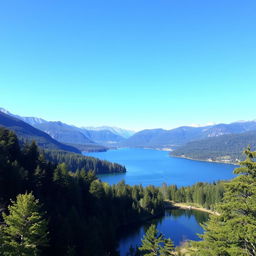 A beautiful landscape featuring a serene lake surrounded by lush green trees and mountains in the background under a clear blue sky