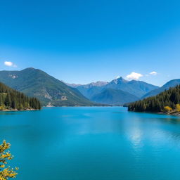 A beautiful landscape featuring a serene lake surrounded by lush green trees and mountains in the background under a clear blue sky